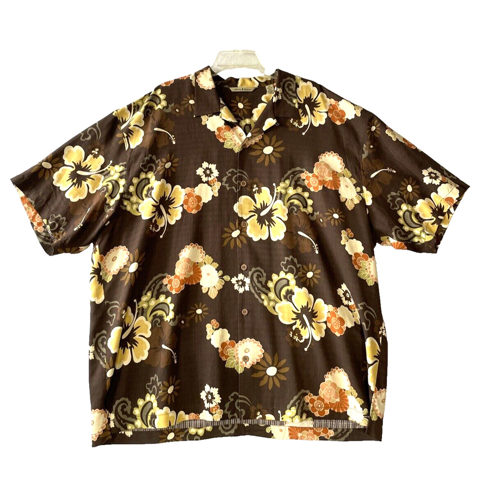 Tommy Bahama Shirt XXL 100% Silk Tropical Floral Relaxed Hawaiian Camp Brown
